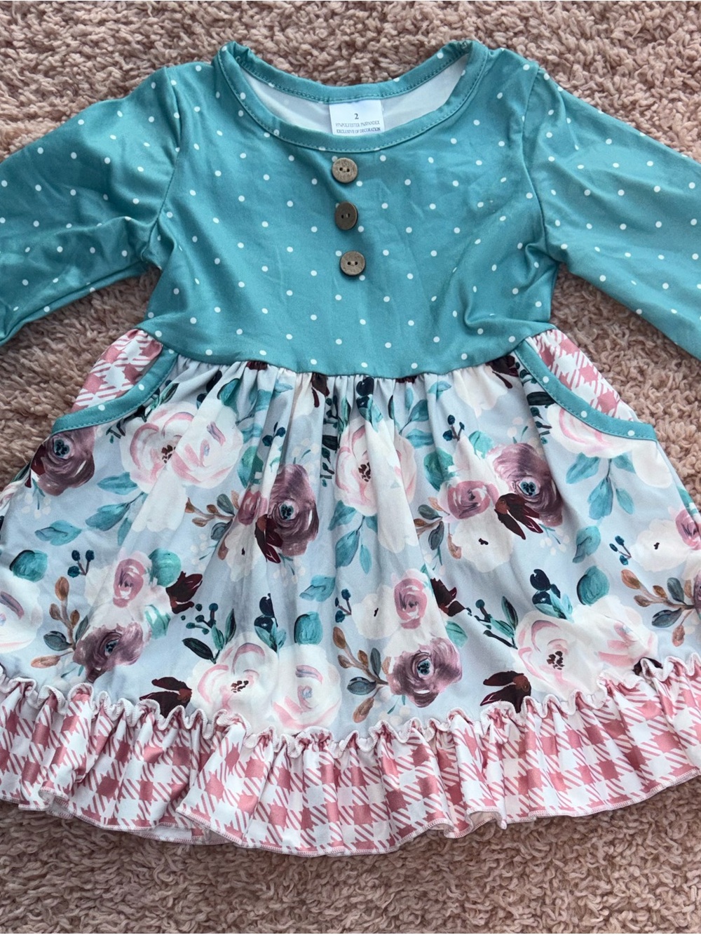 Girls Teal Polka Dot Long-Sleeve Floral Pocket Dress
